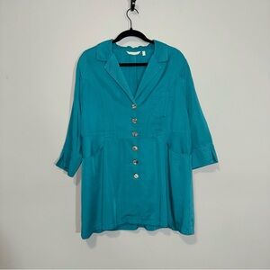 Soft Surroundings Teal Button‎ Front Shirt Dress Tencel Lyocell Size L